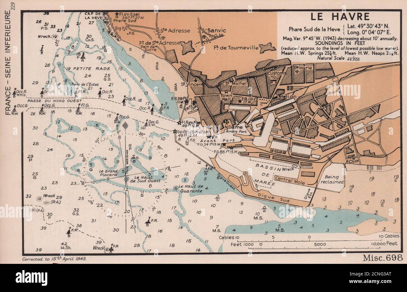 Le Havre town plan & sea coast chart. D-Day planning map. ADMIRALTY 1943 Stock Photo