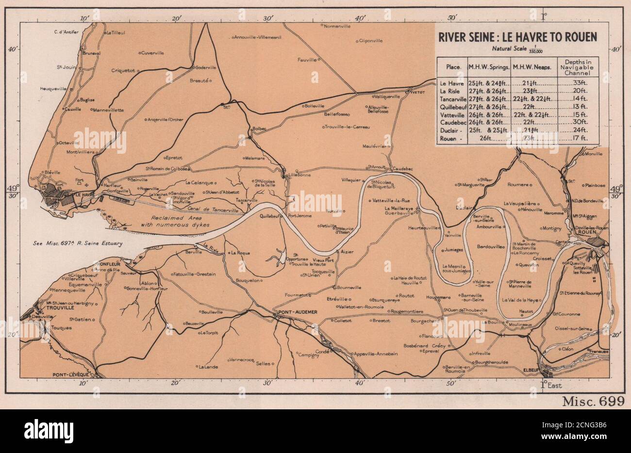 River Seine coast chart. Le Havre to Rouen. D-Day planning map. ADMIRALTY 1943 Stock Photo