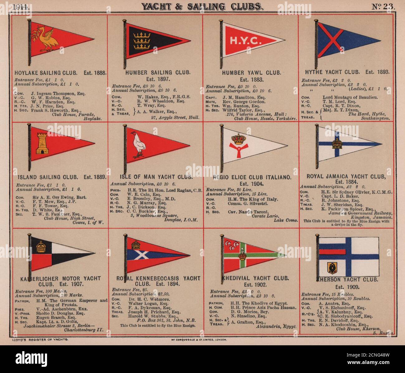 YACHT & SAILING CLUB FLAGS H-K Humber Isle of Man Jamaica Khedivial Kherson 1914 Stock Photo