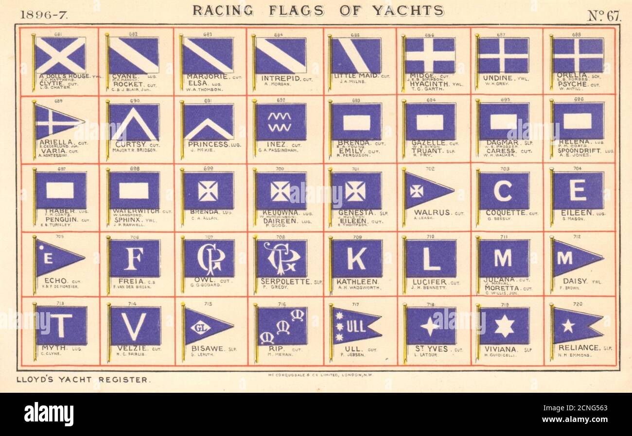 YACHT FLAGS Blue & White (4) 1896 old antique vintage print picture Stock Photo