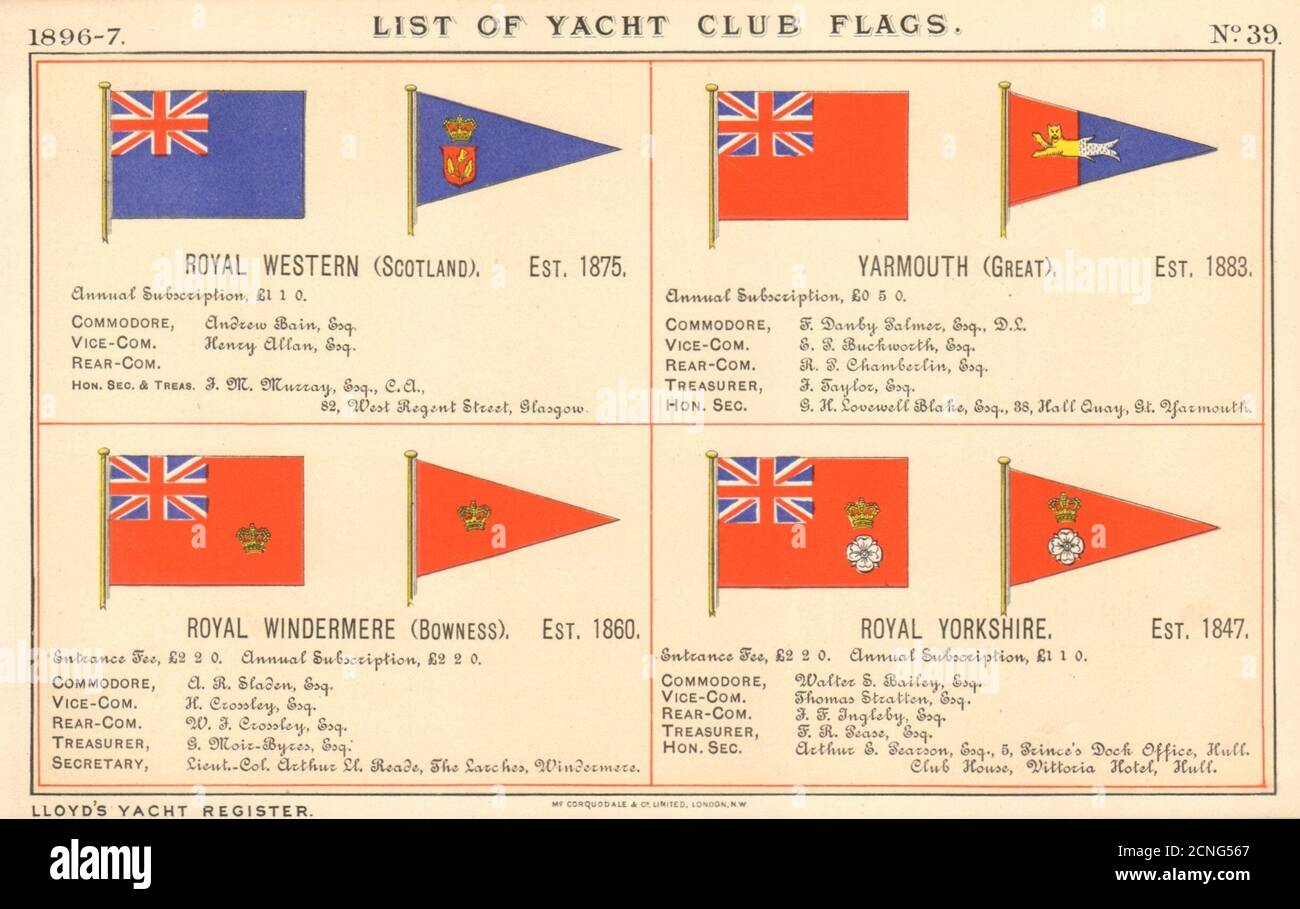 ROYAL YACHT & SAILING CLUB FLAGS. Western. Yarmouth. Windermere. Yorkshire 1896 Stock Photo