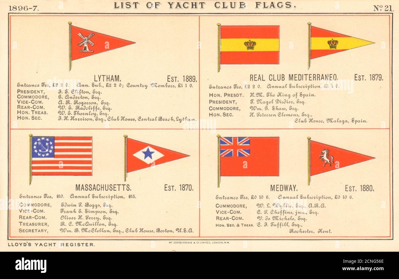 YACHT/SAILING CLUB FLAGS Lytham Real Club Mediterraneo Massachusetts Medway 1896 Stock Photo