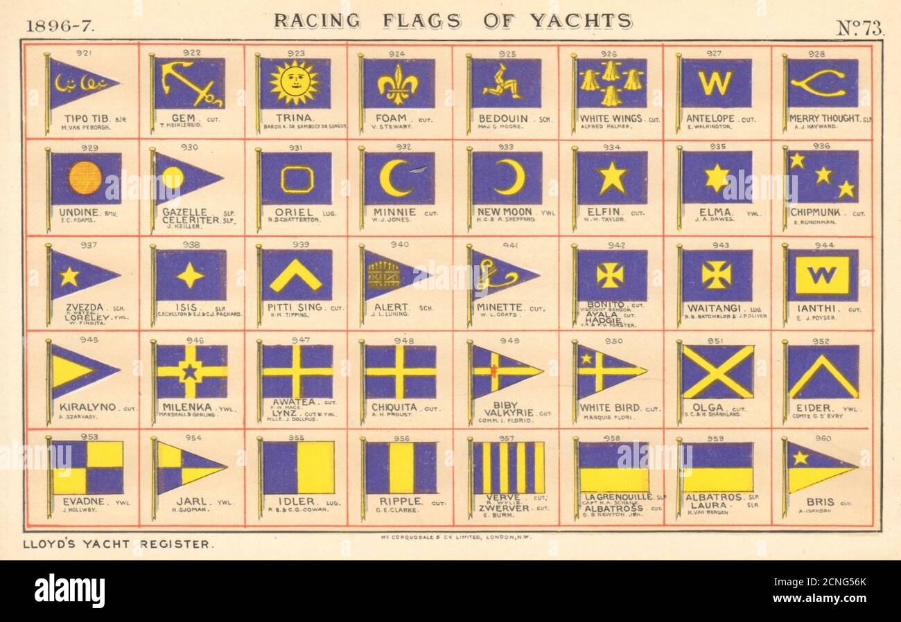 YACHT FLAGS Blue & Yellow 1896 old antique vintage print picture Stock Photo