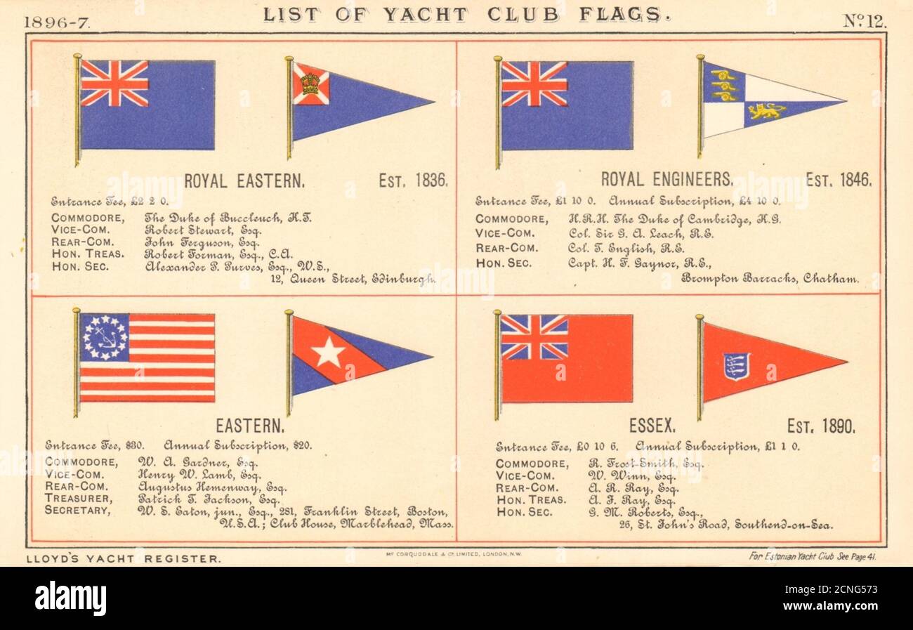 YACHT & SAILING CLUB FLAGS. Royal Eastern. Royal Engineers. Eastern. Essex 1896 Stock Photo