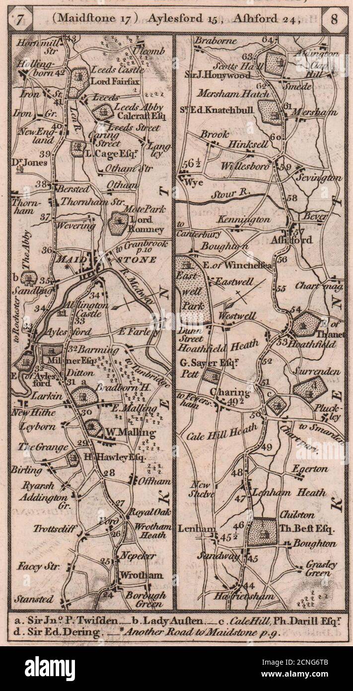 Wrotham-Aylesford-Maidstone-Ashford-Mersham road strip map PATERSON 1803 Stock Photo
