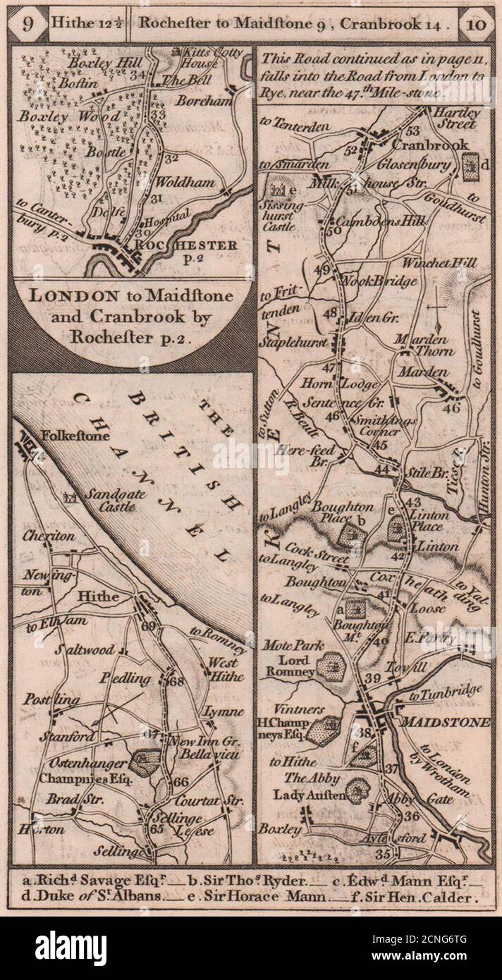 Hythe-Folkestone. Rochester-Maidstone-Cranbrook road strip map PATERSON 1803 Stock Photo