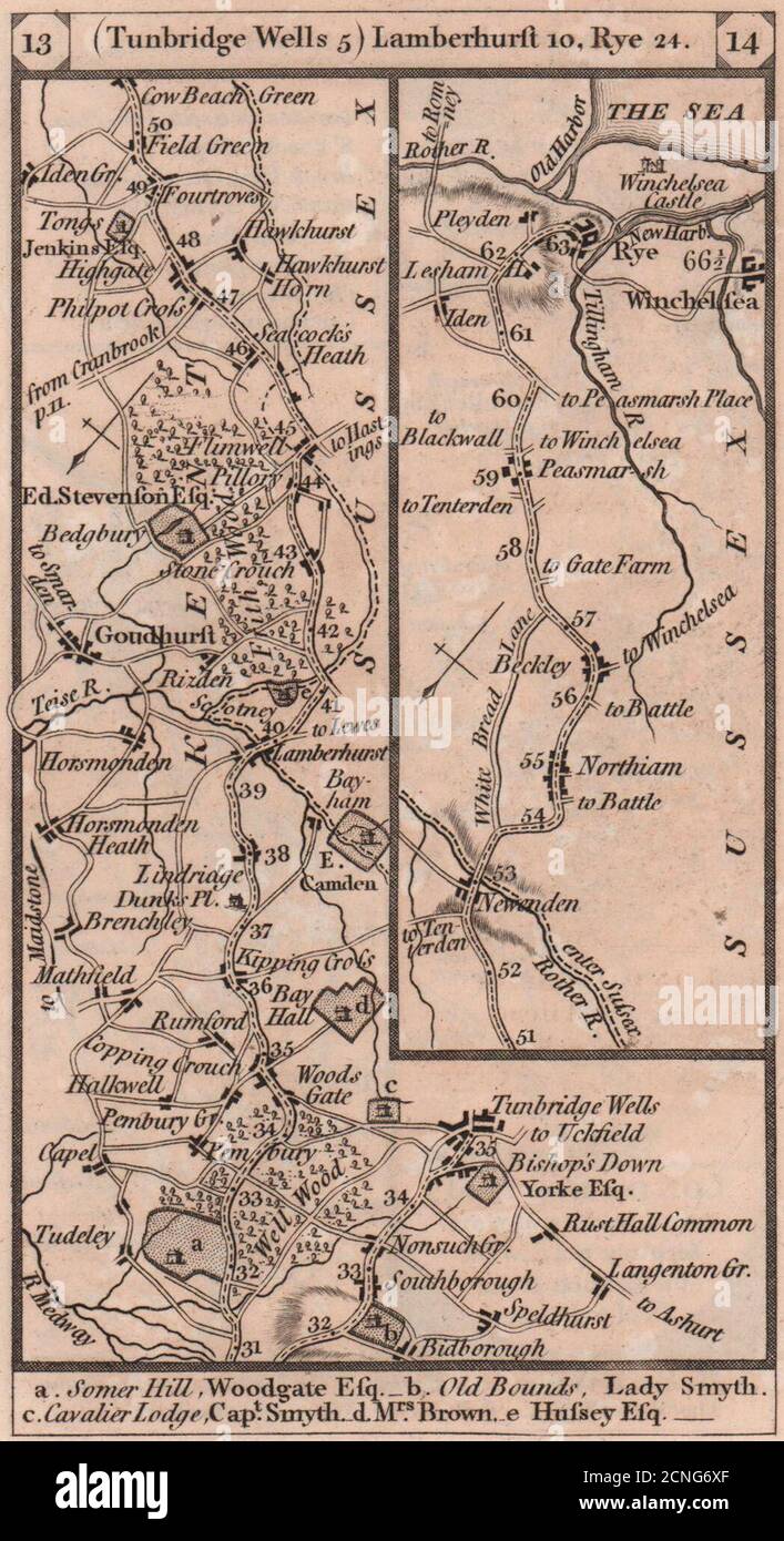 Tunbridge Wells-Newenden-Beckley-Rye-Winchelsea road strip map PATERSON 1803 Stock Photo