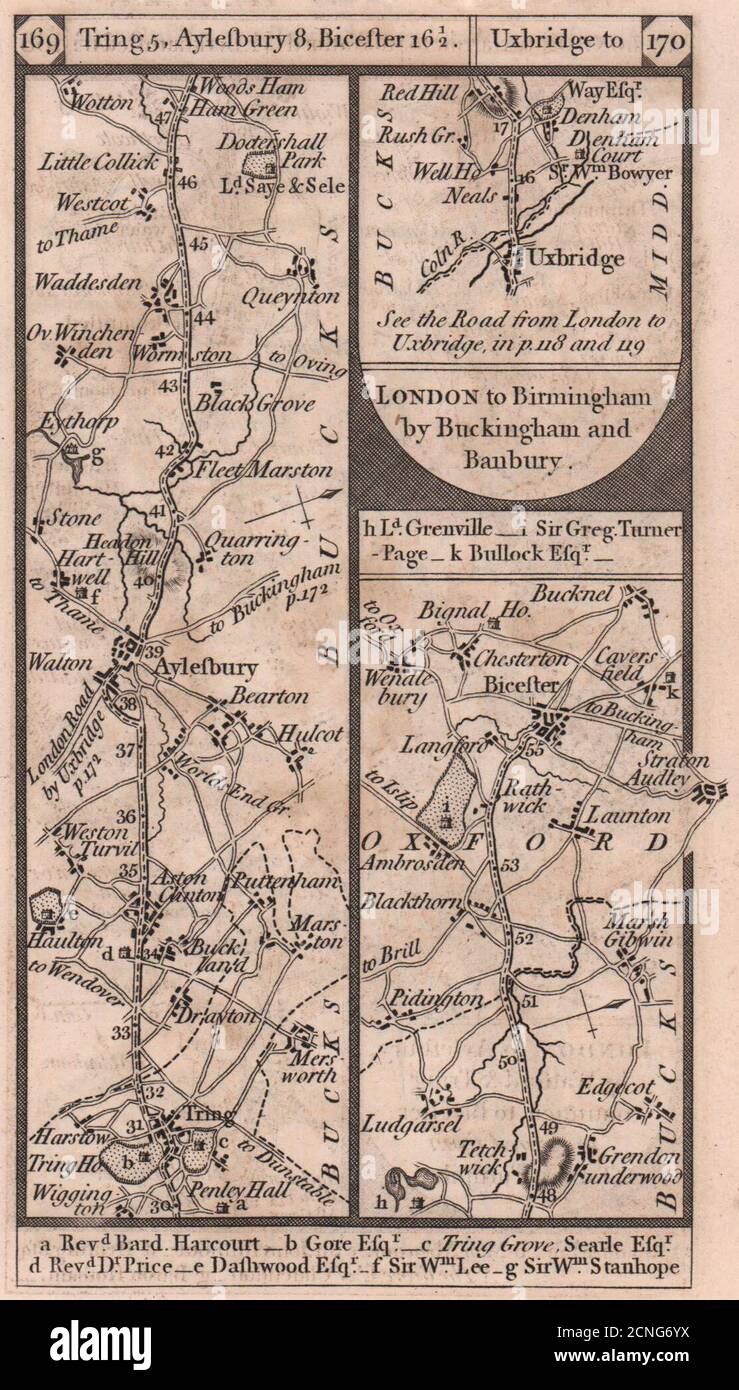 Tring-Aylesbury-Bicester. Uxbridge-Denham road strip map PATERSON 1803 old Stock Photo