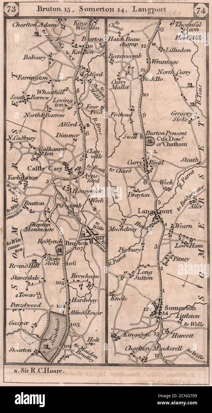 Stourton-Bourton-Castle Cary-Langport-Wrantage road strip map PATERSON 1803 Stock Photo