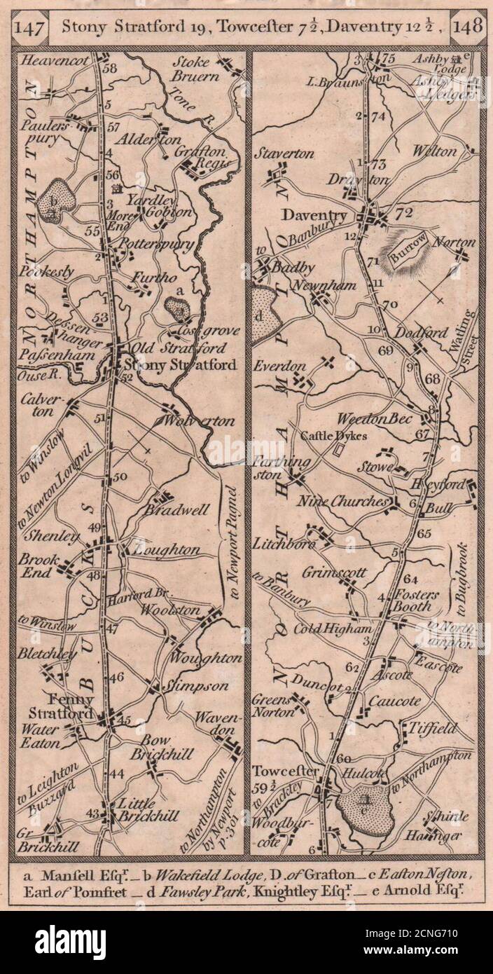 Bletchley-Stony Stratford-Towcester-Daventry road strip map PATERSON 1803 Stock Photo