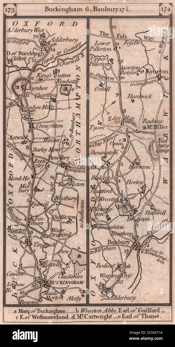 Buckingham-Tingewick-Brackley-Banbury-Kineton road strip map PATERSON 1803 Stock Photo