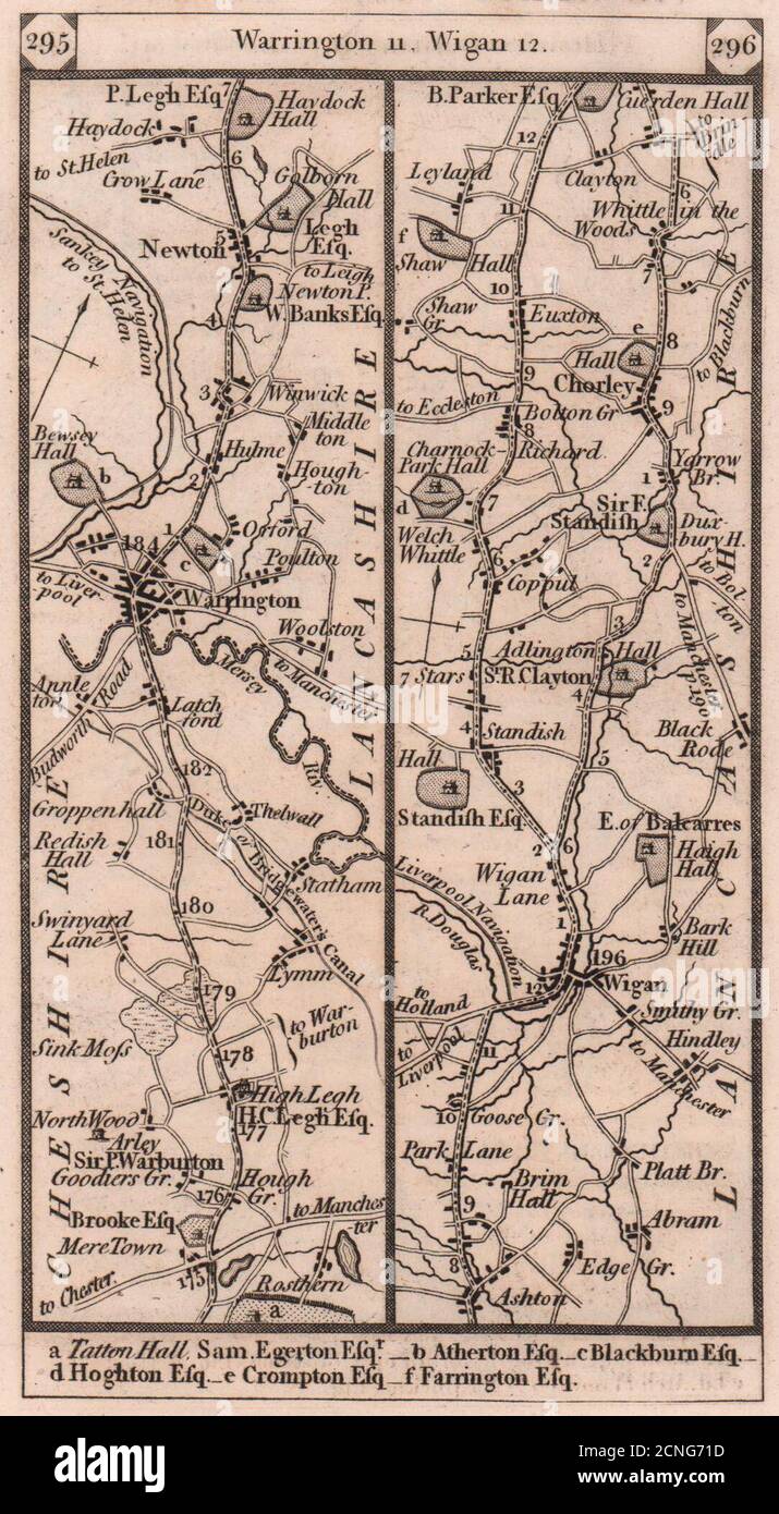 Warrington-Newton-le-Willows-Wigan-Chorley road strip map PATERSON 1803 Stock Photo