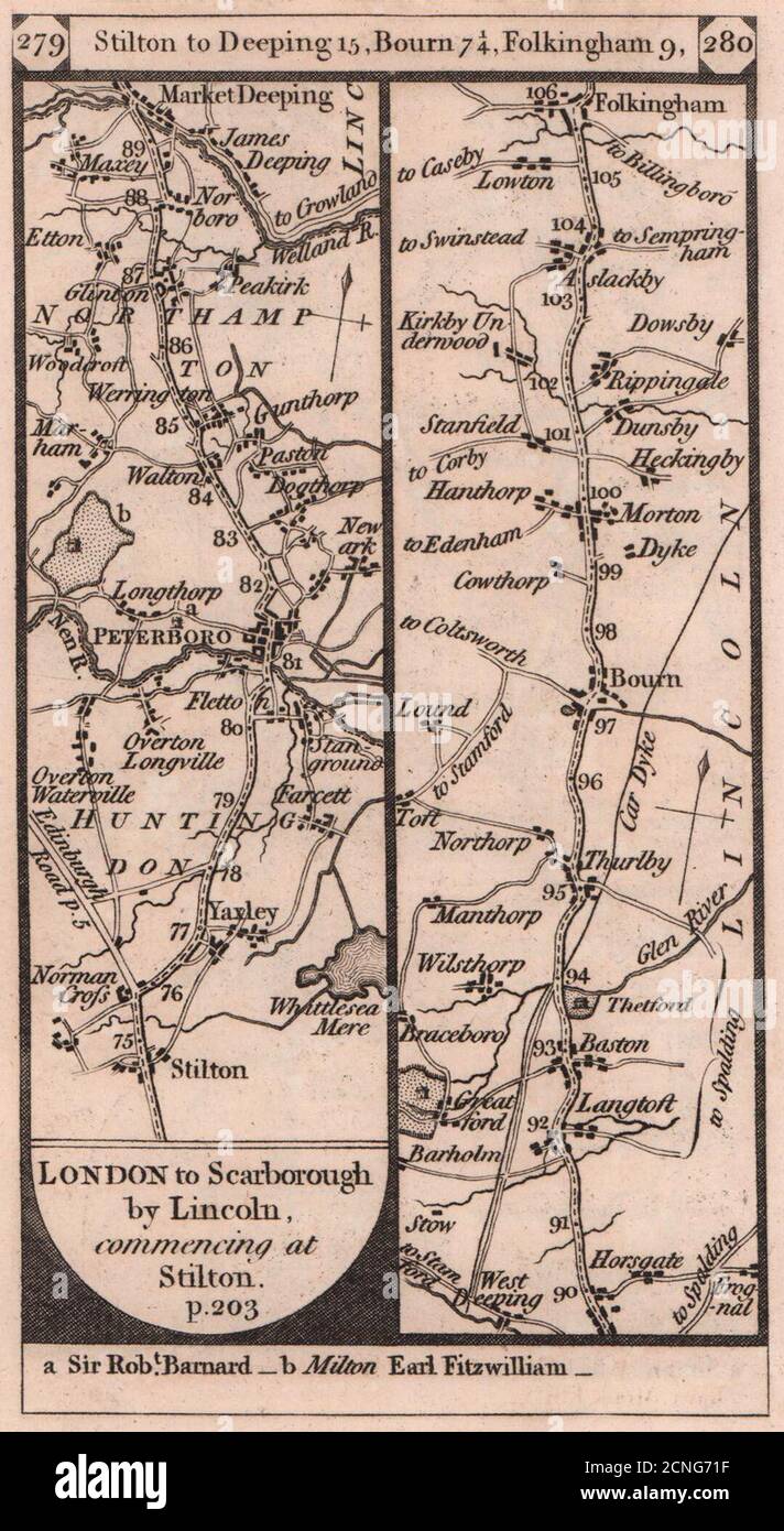 Yaxley-Peterborough-Thurlby-Morton-Folkingham road strip map PATERSON 1803 Stock Photo