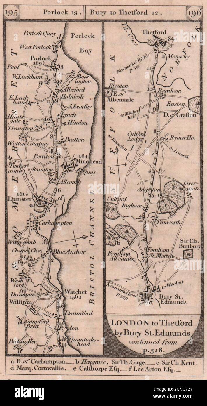 Dunster-Minehead. Bury St. Edmunds-Thetford road strip map PATERSON 1803 Stock Photo