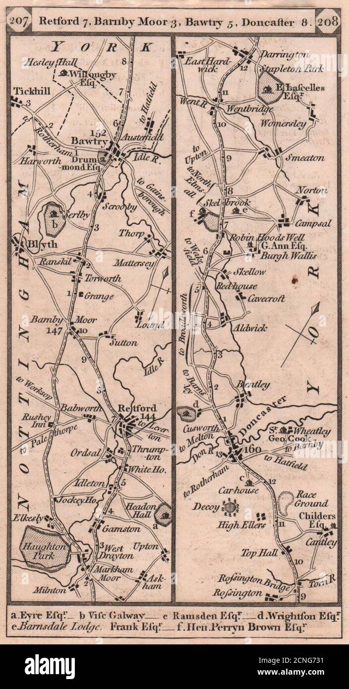 Retford-Blyth-Bawtry-Doncaster-Darrington road strip map PATERSON 1803 old Stock Photo