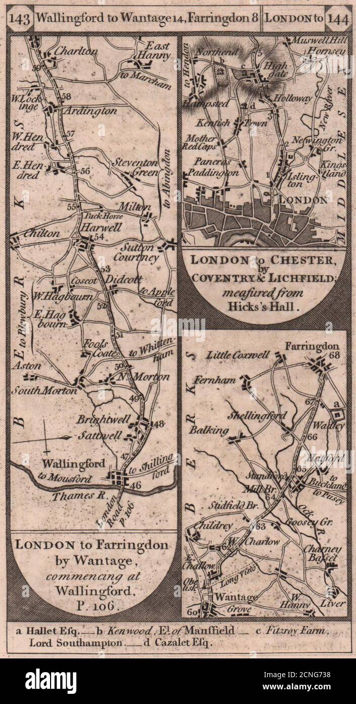 Wallingford-Wantage. Islington-Muswell Hill road strip map PATERSON 1803 Stock Photo