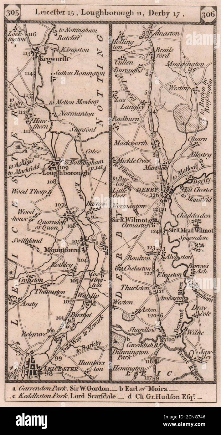 Leicester-Loughborough-Kegworth-Derby-Mackworth road strip map PATERSON 1803 Stock Photo