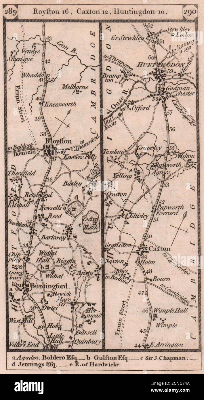 Buntingford - Royston - Caxton - Huntingdon road strip map PATERSON 1803 Stock Photo