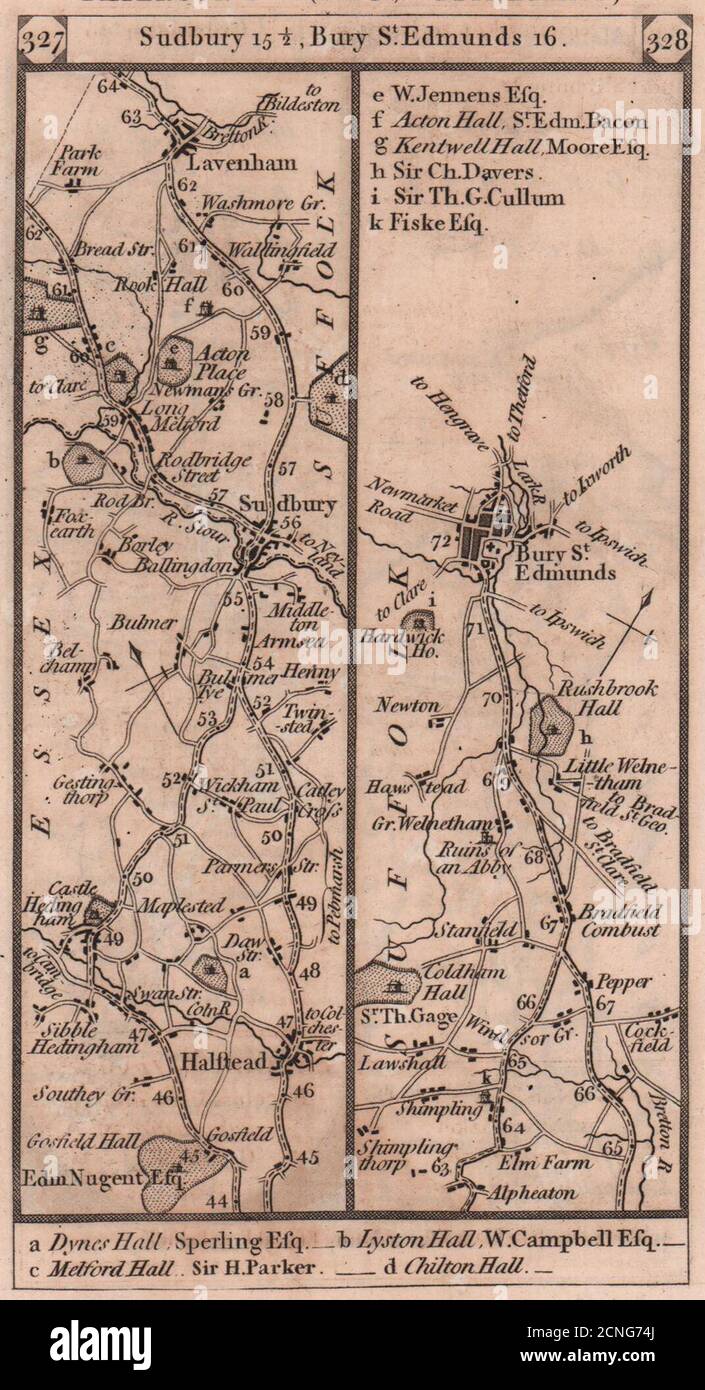 Halstead-Sudbury-Lavenham-Bury St. Edmunds road strip map PATERSON 1803 Stock Photo