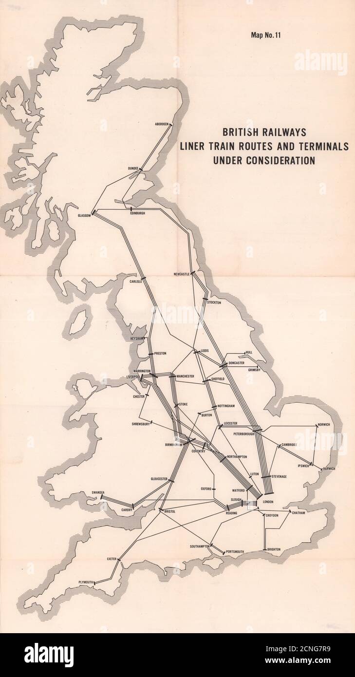 British Railways Liner train routes Possible terminals. BEECHING REPORT 1963 map Stock Photo