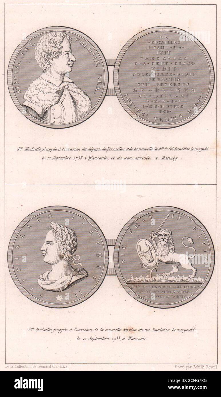 King Stanislaw Leszczynski medals 1733. Versailles. Election 1839 old print Stock Photo