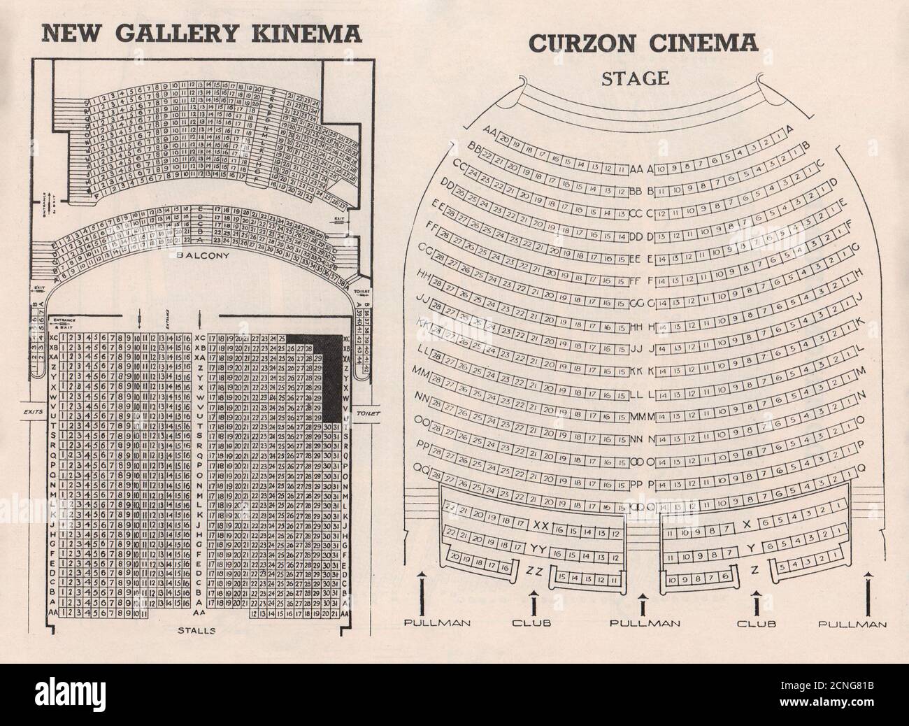 NEW GALLERY KINEMA Regent St. CURZON CINEMA Mayfair vintage seating plans 1937 Stock Photo