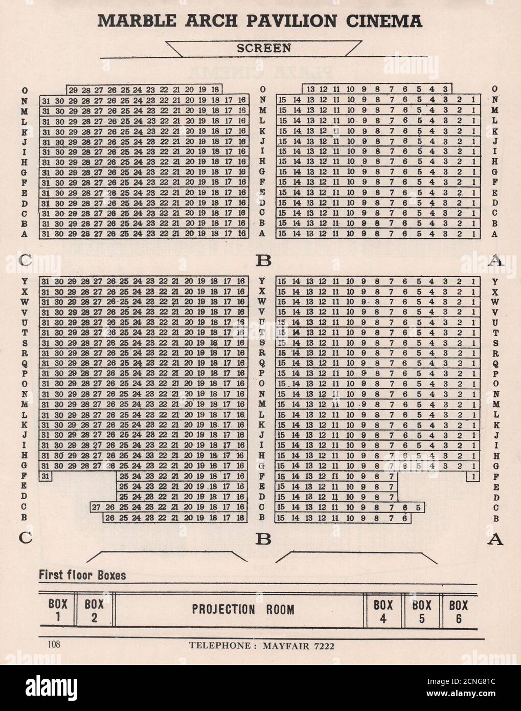 MARBLE ARCH PAVILION CINEMA vintage seating plan. Oxford Street, London 1937 Stock Photo