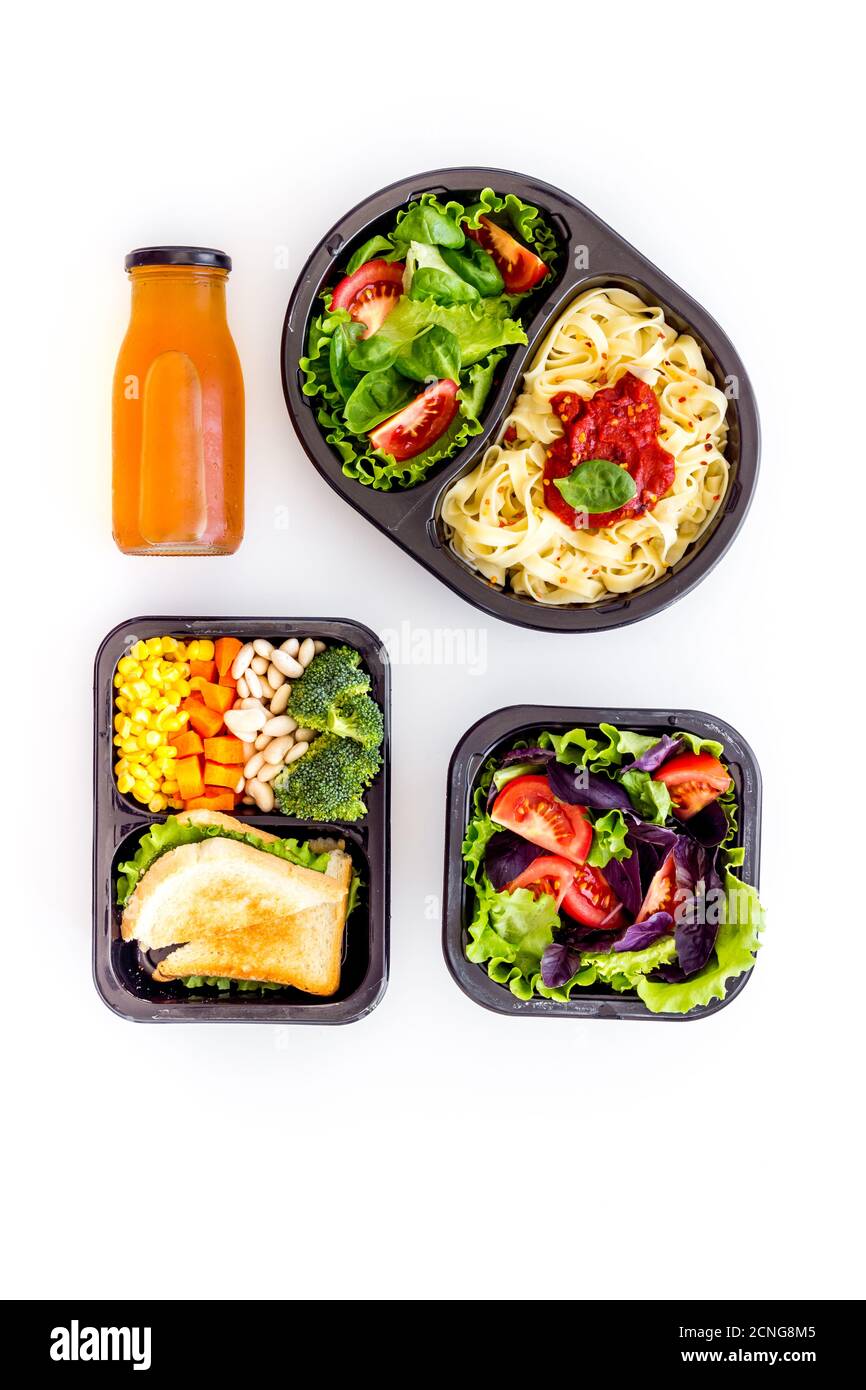 Healthy food in restaurant dish delivery. Top view, copy space Stock