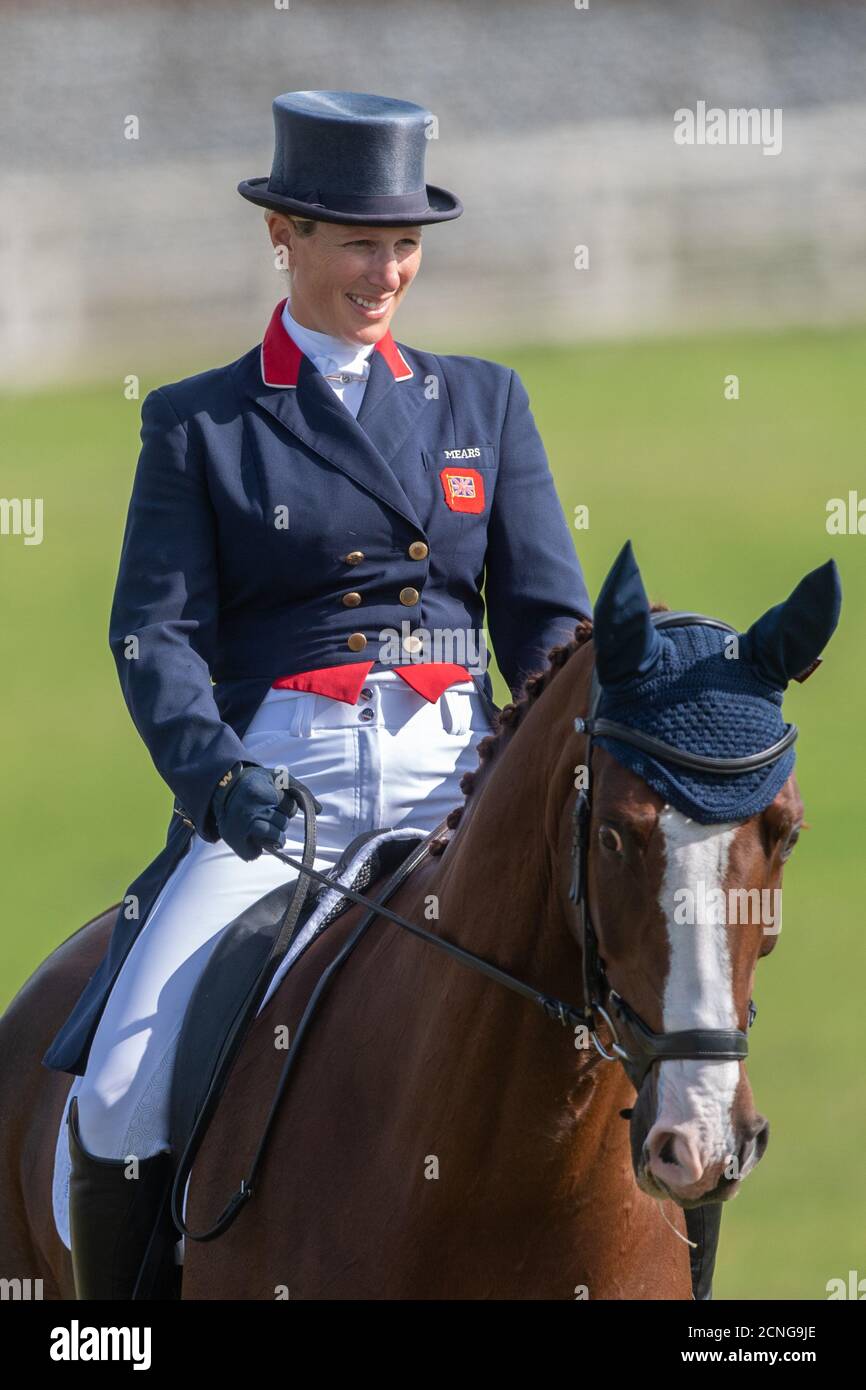 Zara Tindall on Class Affair competing in the dressage during the Burnham Market International Horse Trials in Norfolk. Stock Photo