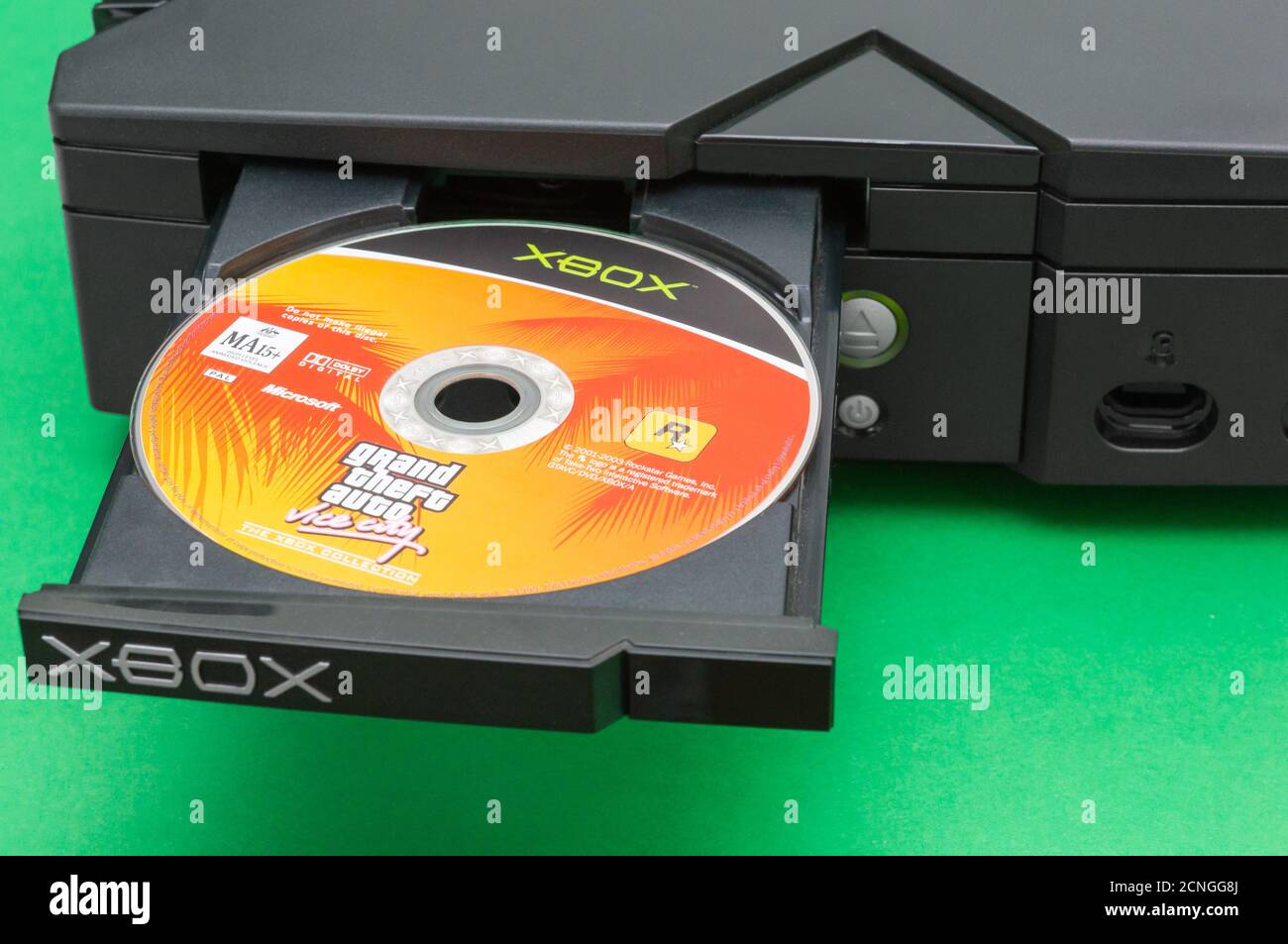 Melbourne, Australia – July 25th 2020: Original Xbox Console with disc in open tray Stock Photo