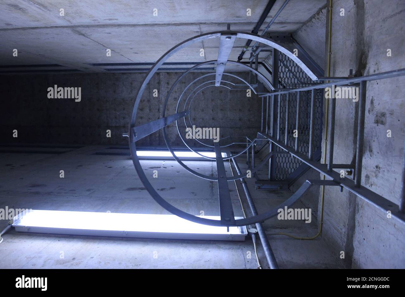 The escape hatch  is seen at a former Regional Government HQ Nuclear bunker built by the British government during the Cold War which  has come up for sale in Ballymena, Northern Ireland on February 4, 2016. It is owned by the Office of Northern Ireland's First Minister and Deputy First Minister and capable of accommodating 236 personnel for extended periods. A large range of the original fixtures and fittings are to be included in the sale. It is believed to be one of the most technically advanced bunkers built in the UK with an array of advanced life support systems. In the event of a nuclea Stock Photo
