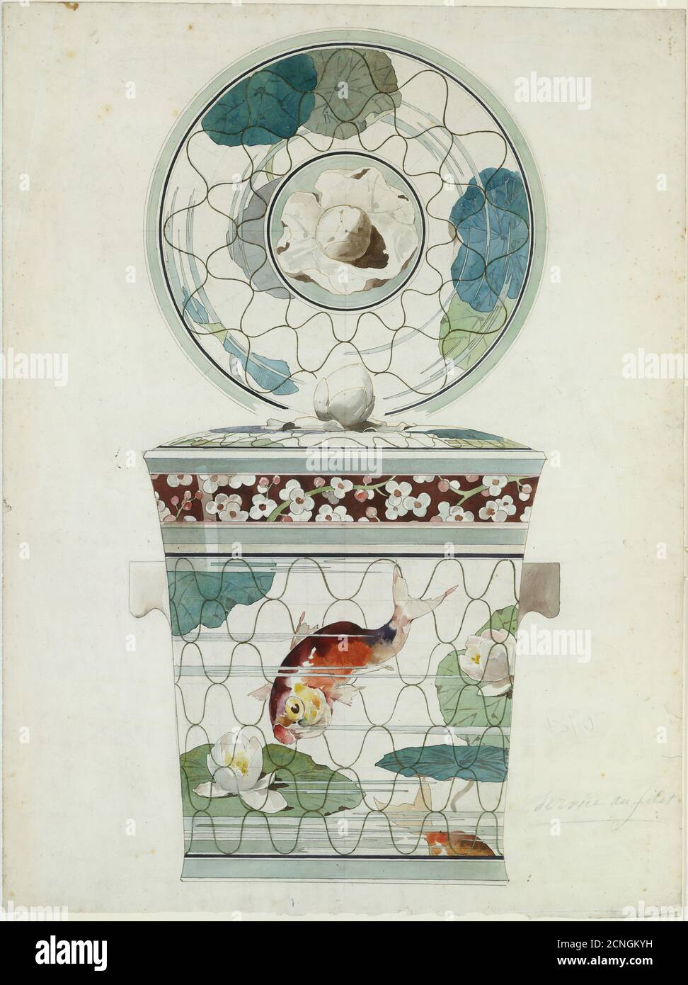 Design for a Covered Dish in the &quot;Service au Filet&quot; (Fish Net Ware), Maison J. Vieillard et Cie, Bordeaux, 1875-85. Stock Photo