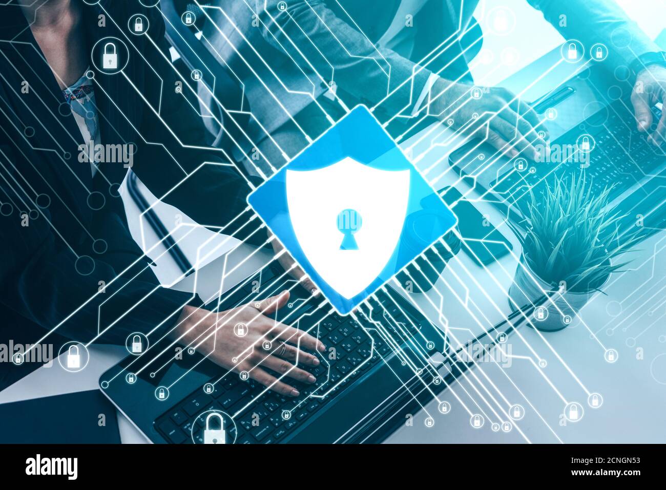 Cyber Security and Digital Data Protection Concept. Icon graphic interface showing secure firewall technology for online data access defense against Stock Photo