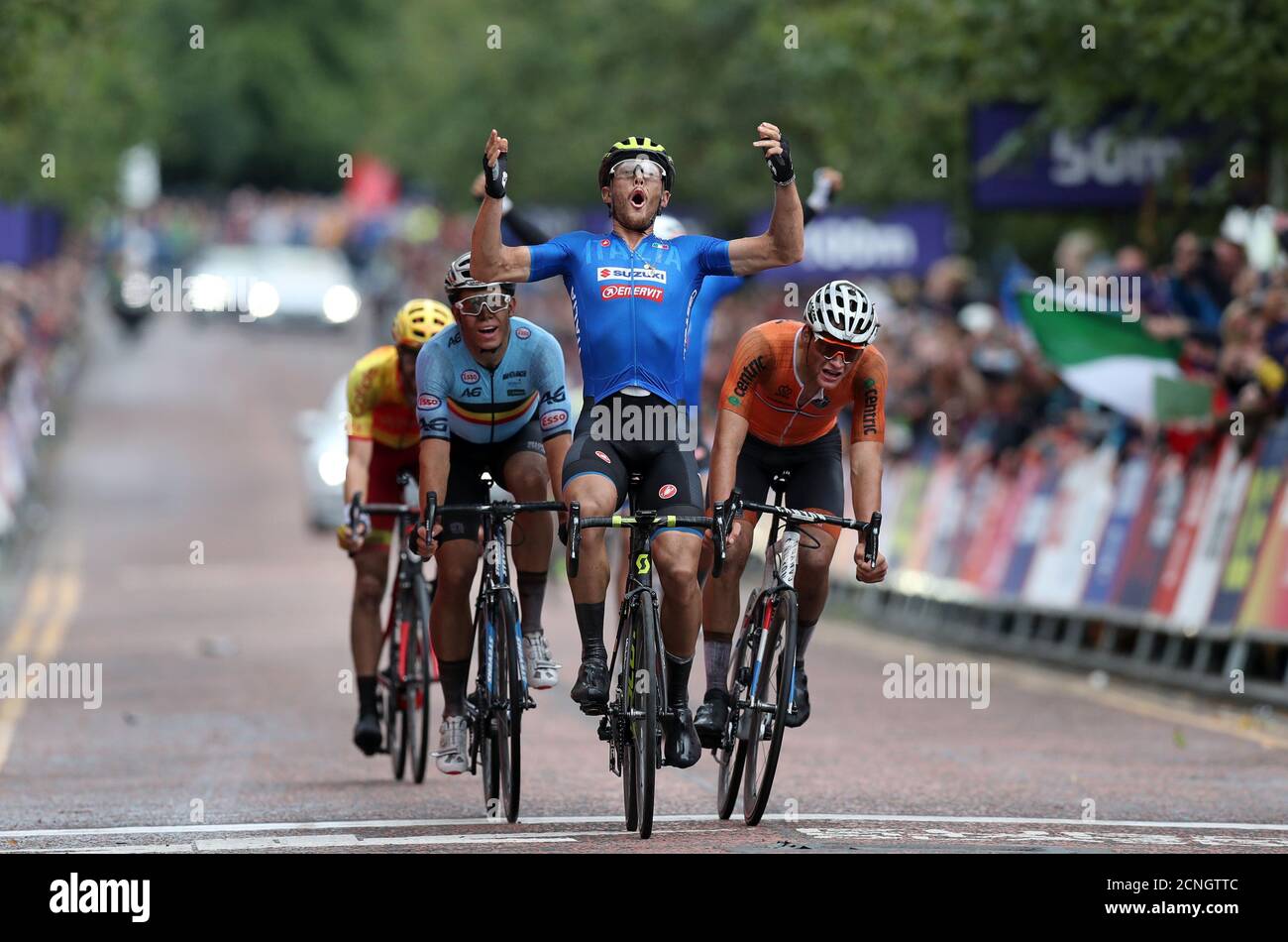 2018 European Championships - Road Cycling, Men's Road Race - Glasgow,  Britain - August 12, 2018 - Matteo Trentin of Italy wins the race ahead of  Mathieu van der Poel of the