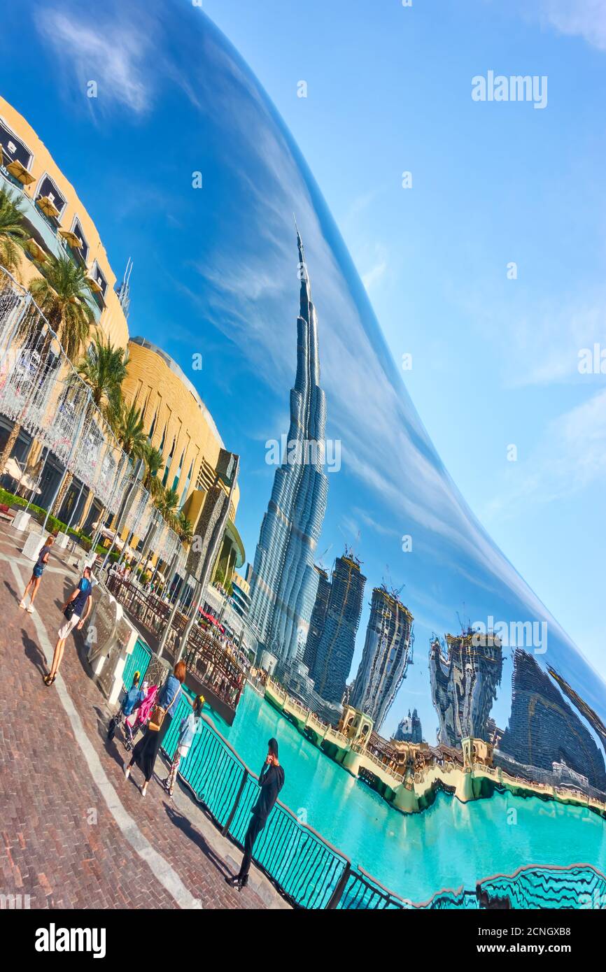 Dubai, UAE January 30, 2020 Burj Khalifa building and Dubai Mall reflects in the mirror