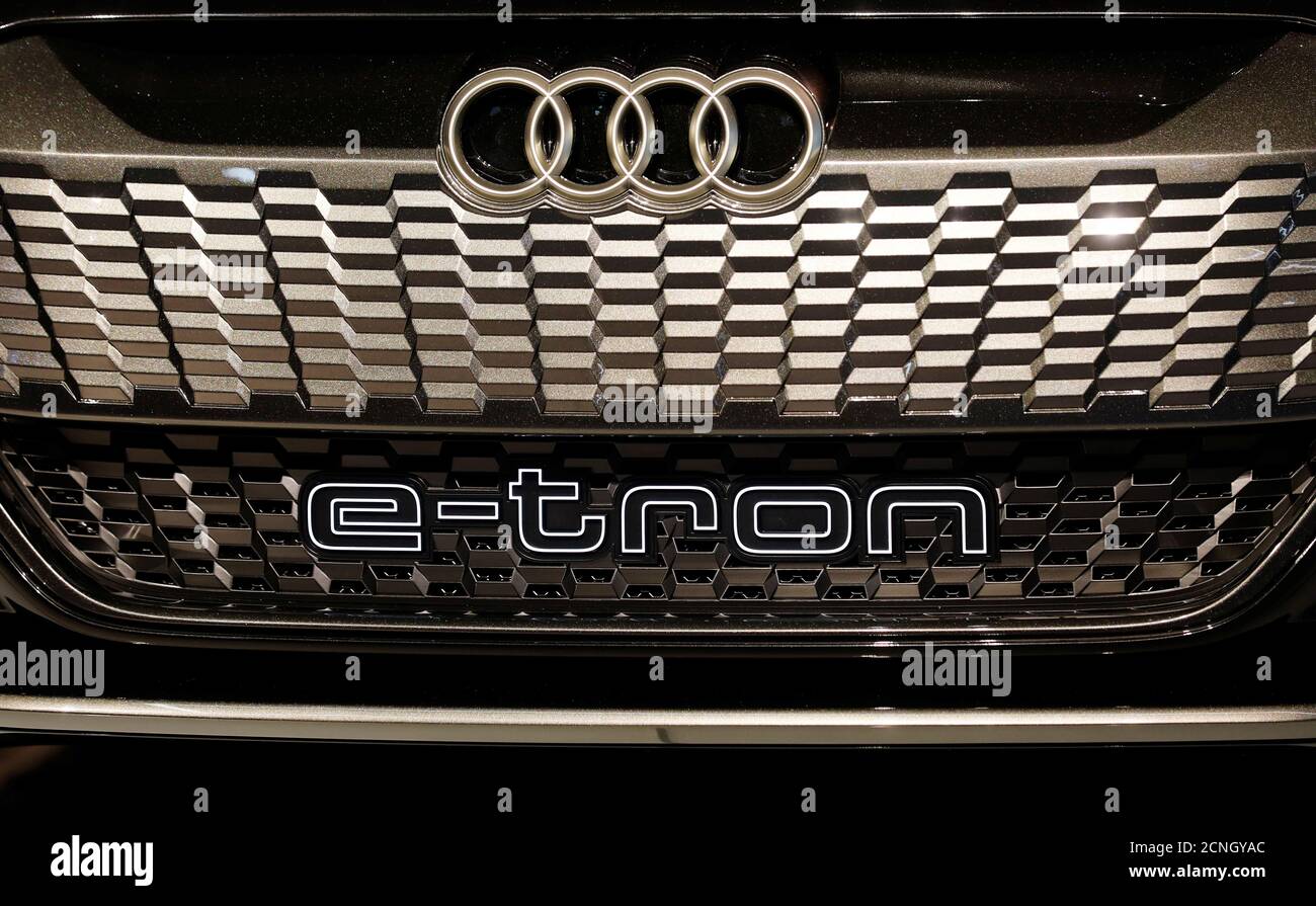 The front grille of Audi's new etron GT concept car is displayed during an Audi press