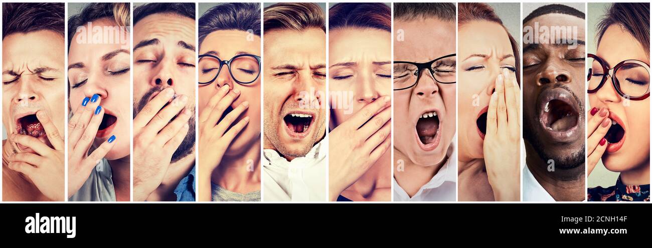 Multiethnic group of sleepy people women and men with wide open mouth yawning eyes closed looking bored. Lack of sleep laziness concept Stock Photo