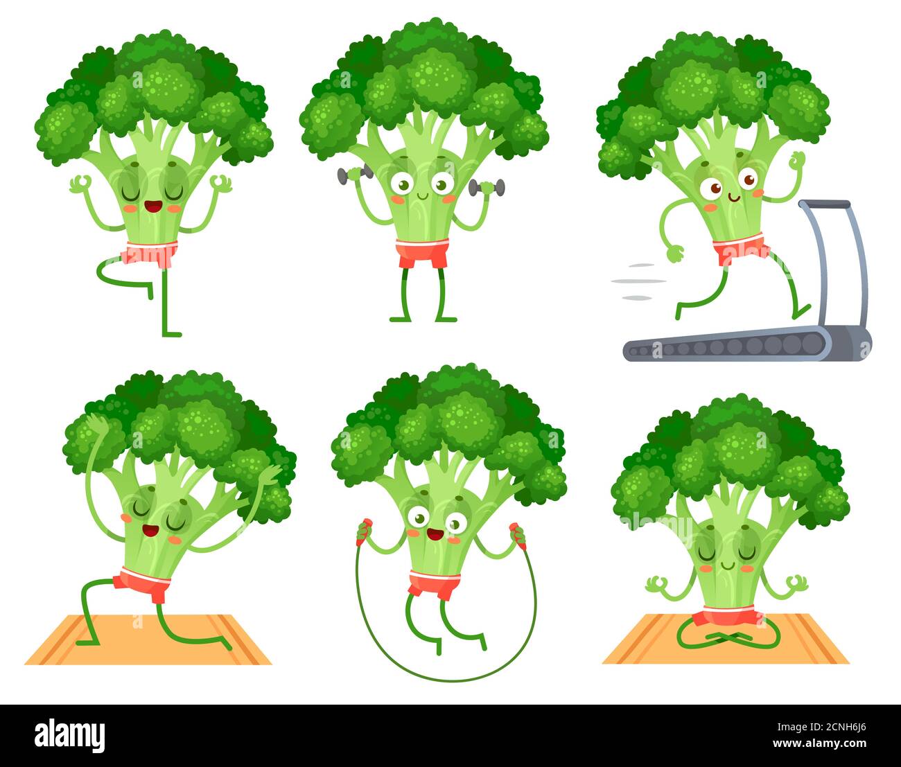 Cartoon broccoli character fitness. Vegetable doing exercises with dumbbells, running on treadmill and jumping Stock Vector