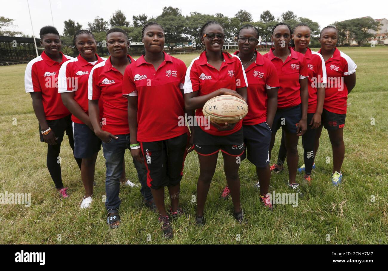 Members of the Kenya Women's Rugby team (L-R) Camilla Cynthia, Shilla Chajira, Irene Otieno, Janet Okello, Catherine Abilla (Captain), Philadelphia Orlando, Celestine Masinde, Linet Moraa and Doreen Remour pose for a photograph after a light training session at the RFUEA grounds in the capital Nairobi, April 4, 2016. Picture taken April 4, 2016. REUTERS/Thomas Mukoya      TPX IMAGES OF THE DAY Stock Photo