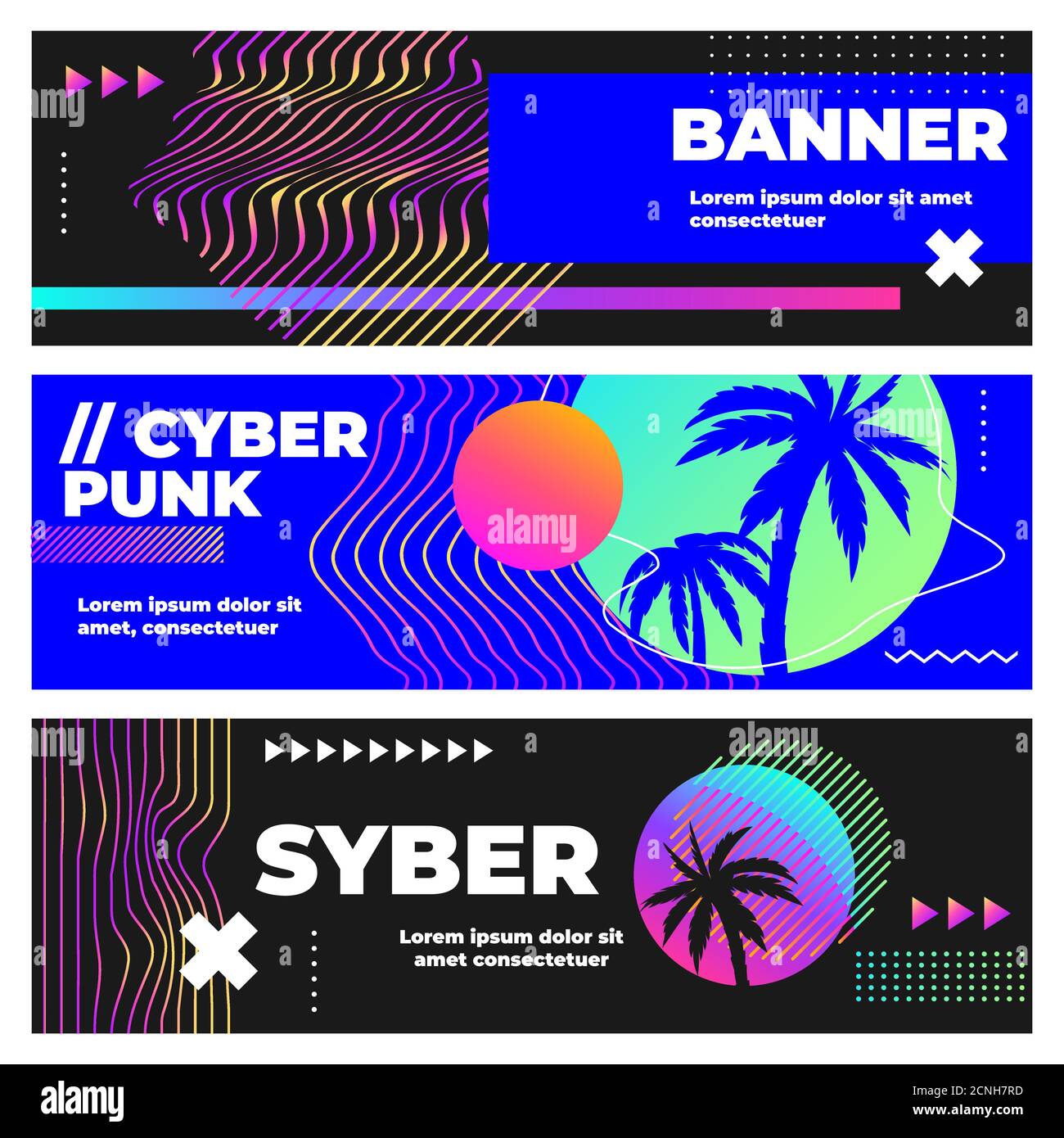 Cyberpunk banners. Palm leaves and sunset in a bright neon lights in circle  frame. Vaporwave, retrowave Stock Vector Image & Art - Alamy