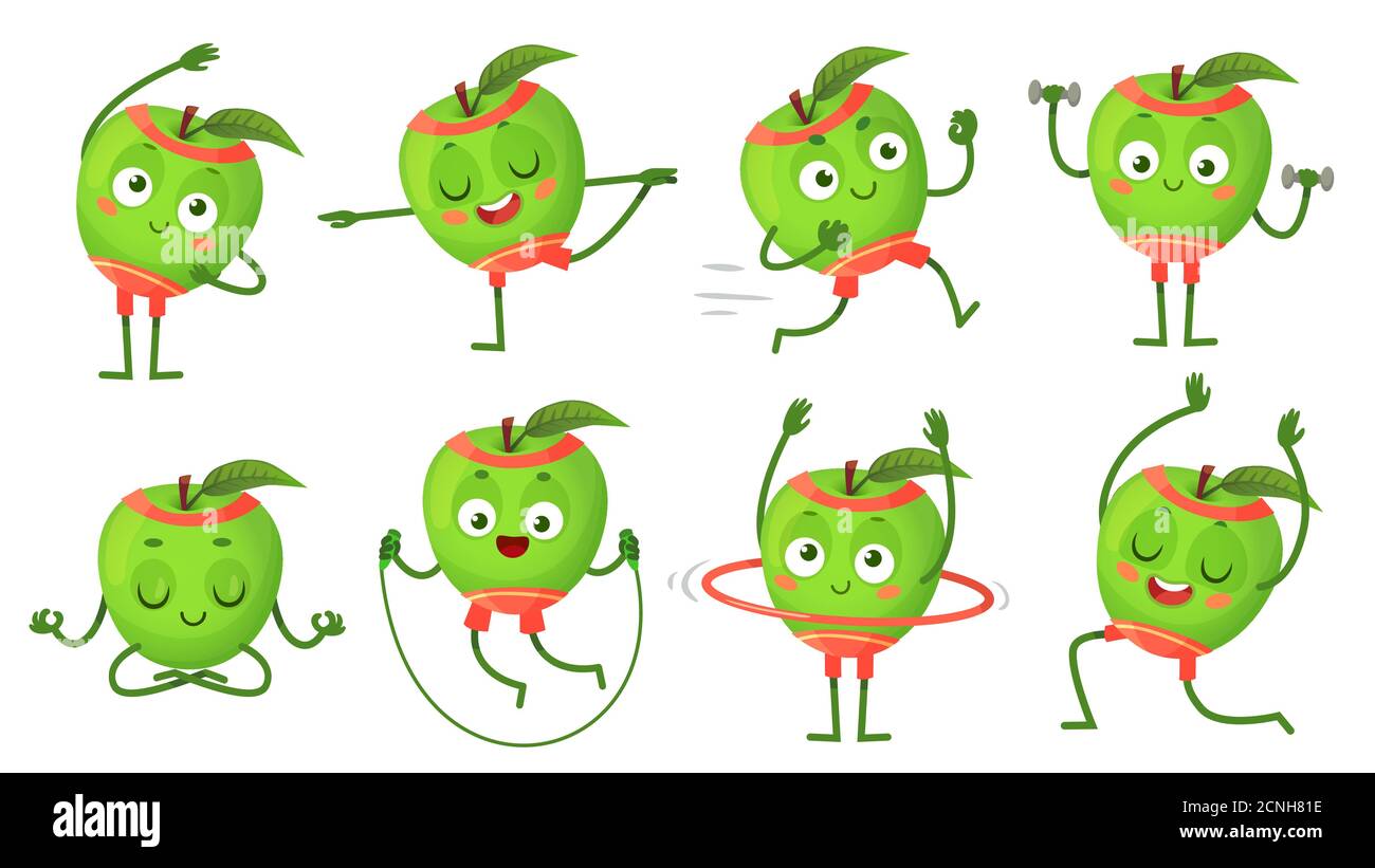 Cartoon apple character fitness, doing gymnastics. Fruit running, doing exercises with dumbbells, meditating Stock Vector