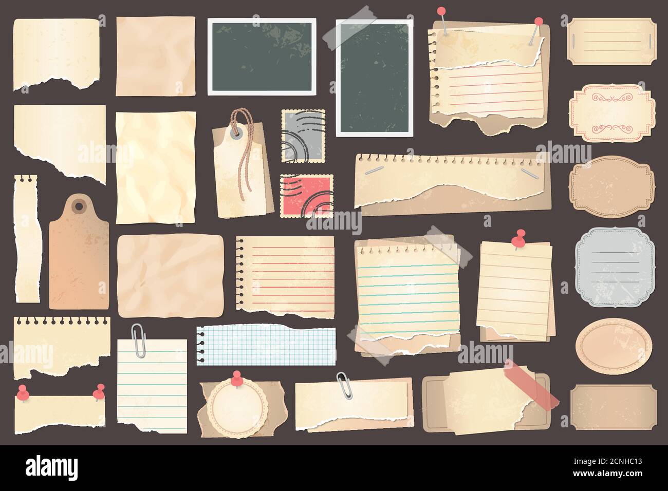 Old scrapbook paper pieces, stamps and labels. Retro ripped pages with