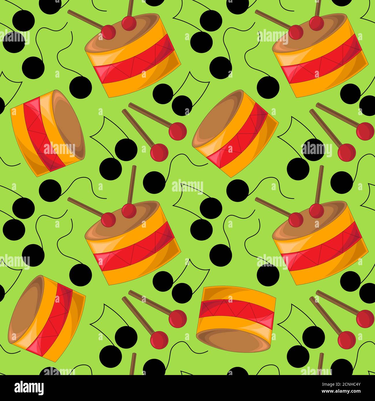 Seamless vector pattern with drums and black notes Stock Vector