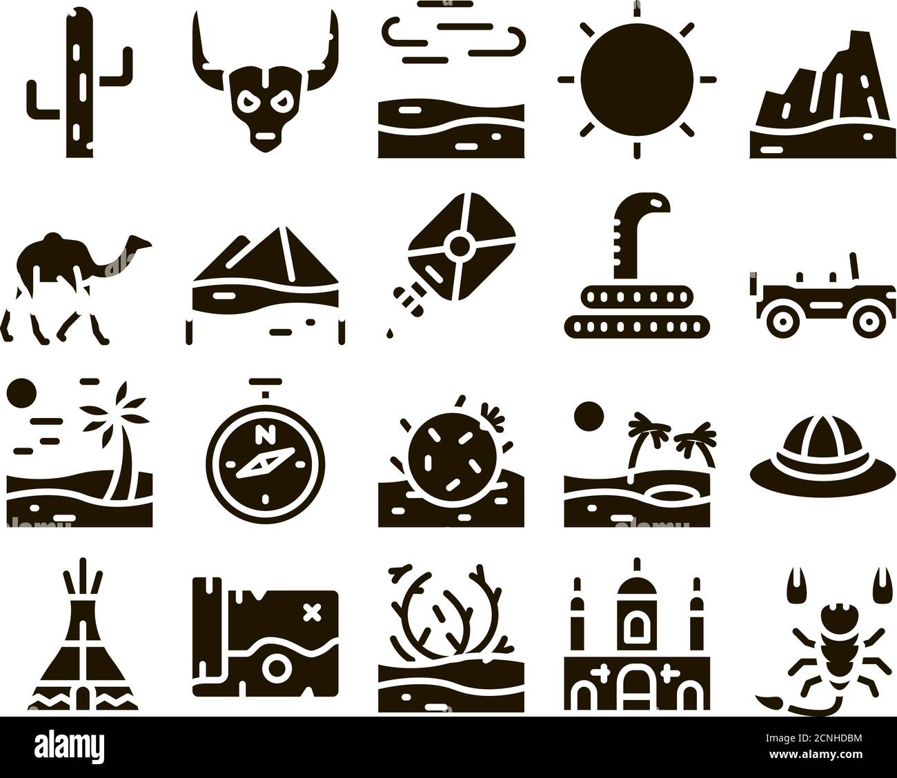 Desert Sandy Landscape Glyph Set Vector Stock Vector
