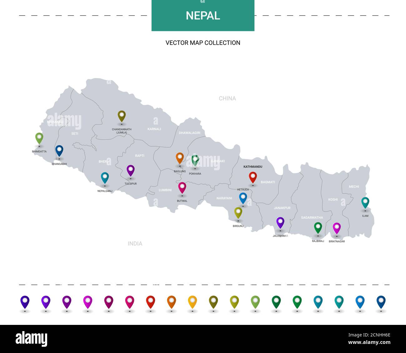 Nepal map with location pointer marks. Infographic vector template