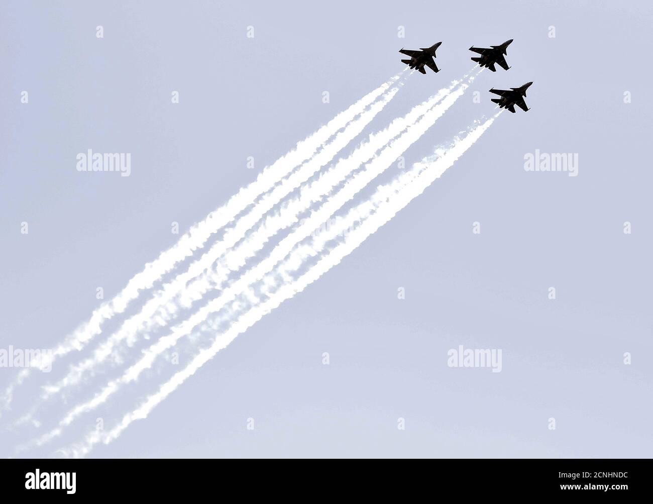 Indian Air Force (IAF) Sukhoi Su-30MKI fighter jets perform as part of an  activity being carried out by the IAF to show gratitude towards the  frontline warriors fighting the coronavirus disease (COVID-19)