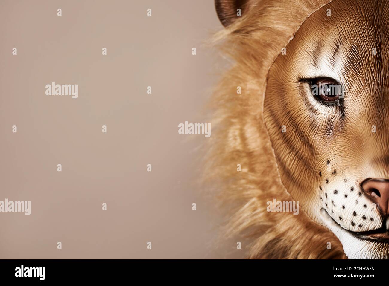 portrait of a man wearing a lion mask against a beige background with some blank space on the left Stock Photo