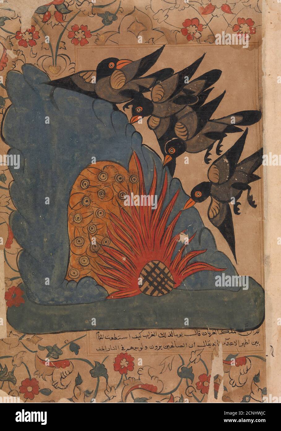 The Crows Trap the Owls in Their Cave by Lighting a Fire at the Entrance and Fanning it with Their Wings, Folio from a Kalila wa Dimna, 18th century. Stock Photo