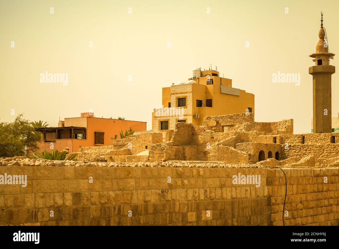 Cityscape of Aqaba with mosque and living houses, photo with tonal