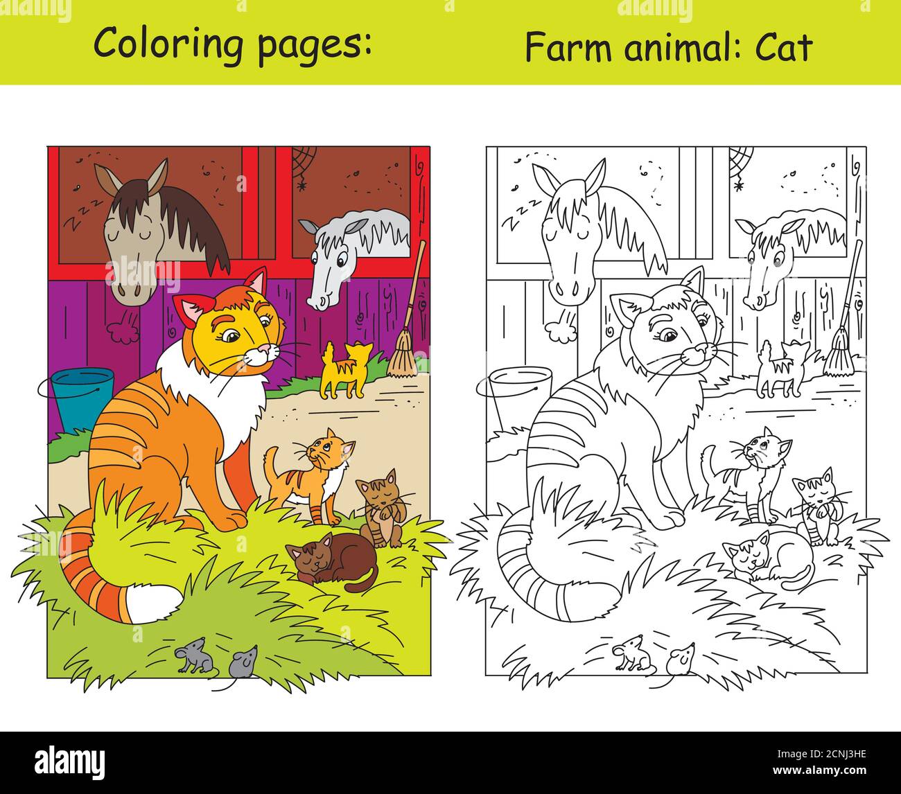 Coloring pages and colorful illustration with cute cat and little kittens on the farm. Cartoon vector illustration. Stock illustration for coloring, d Stock Vector